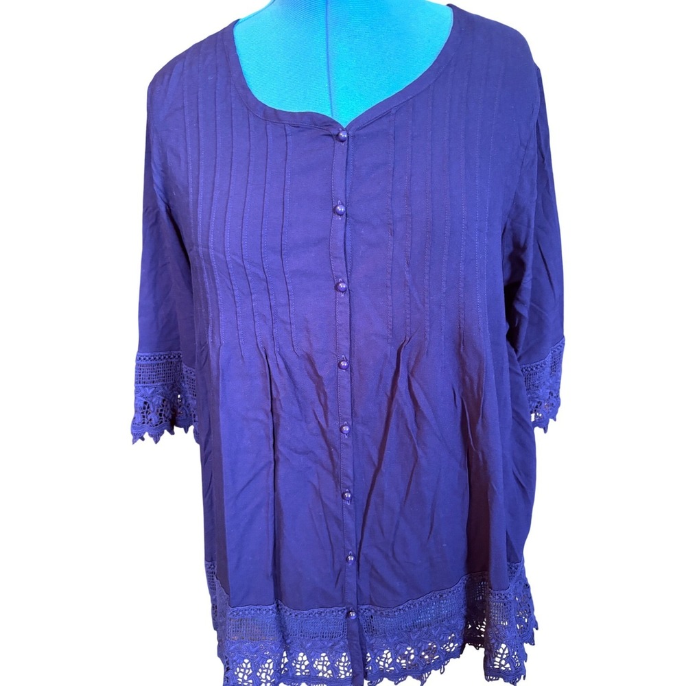 Blair Purple Pintuck Crochet Lace Trim Button Front‎ Rayon Blouse XL